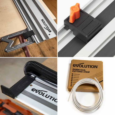 Kit d’accessoires pour rail de guidage de scie : équerre, guide-câble, butée et bande de protection.