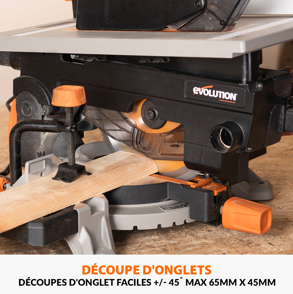 Pack Evolution : Scie à onglet avec table 210mm Evolution R210MTS-G2 210mm avec Lame multi-matériaux TCT + Support