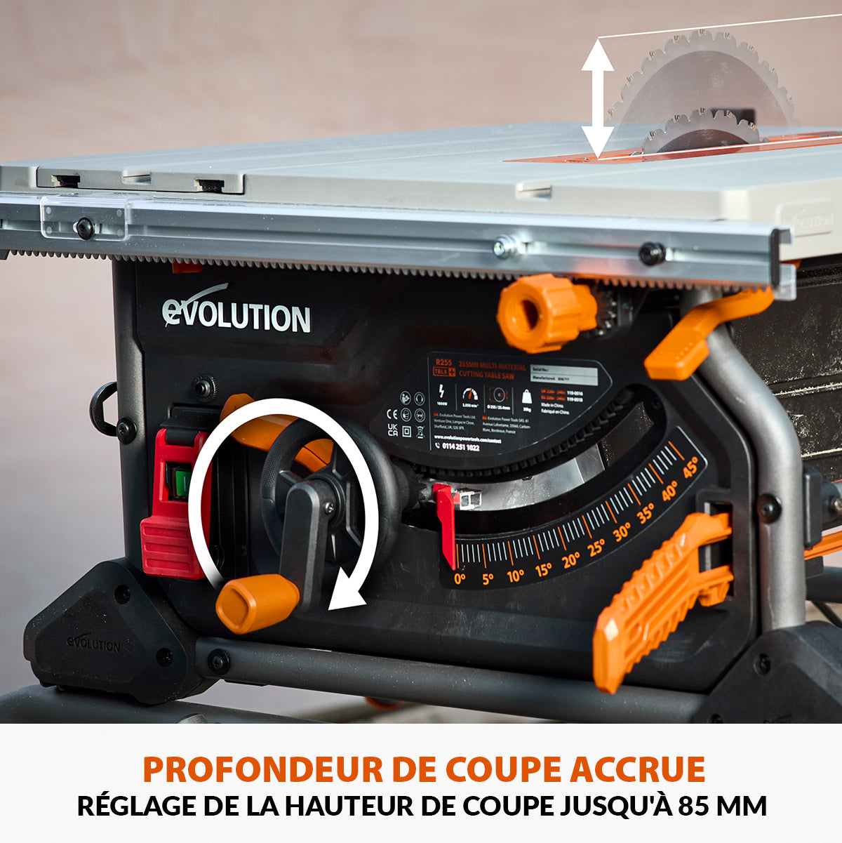 Scie sur table Evolution R255TBL 255mm 1650W avec lame multi-matériaux TCT (GRADE B)