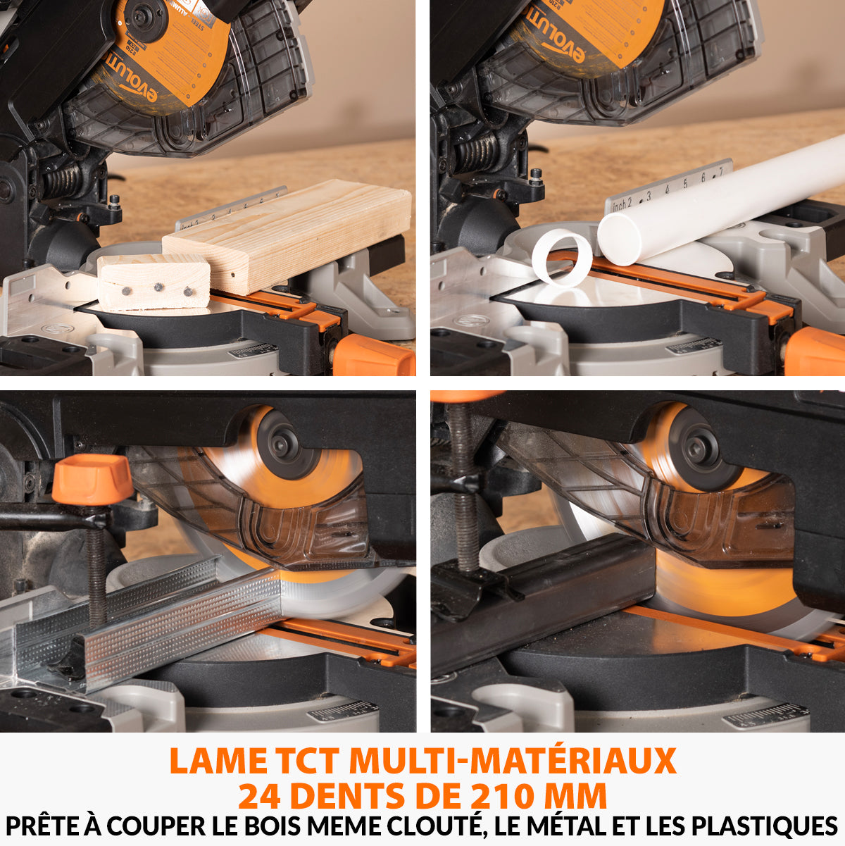 Pack Evolution : Scie à onglet avec table 210mm Evolution R210MTS-G2 210mm avec Lame multi-matériaux TCT + Support
