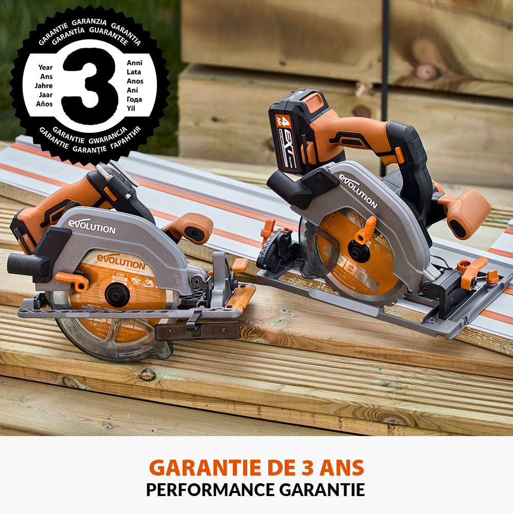 Scie circulaire sans fil 185mm Evolution R185CCSX-Li compatible avec rail de guidage (outil nu)