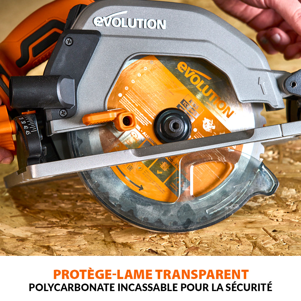 Scie circulaire sans fil 185mm Evolution R185CCSX-Li compatible avec rail de guidage (outil nu)