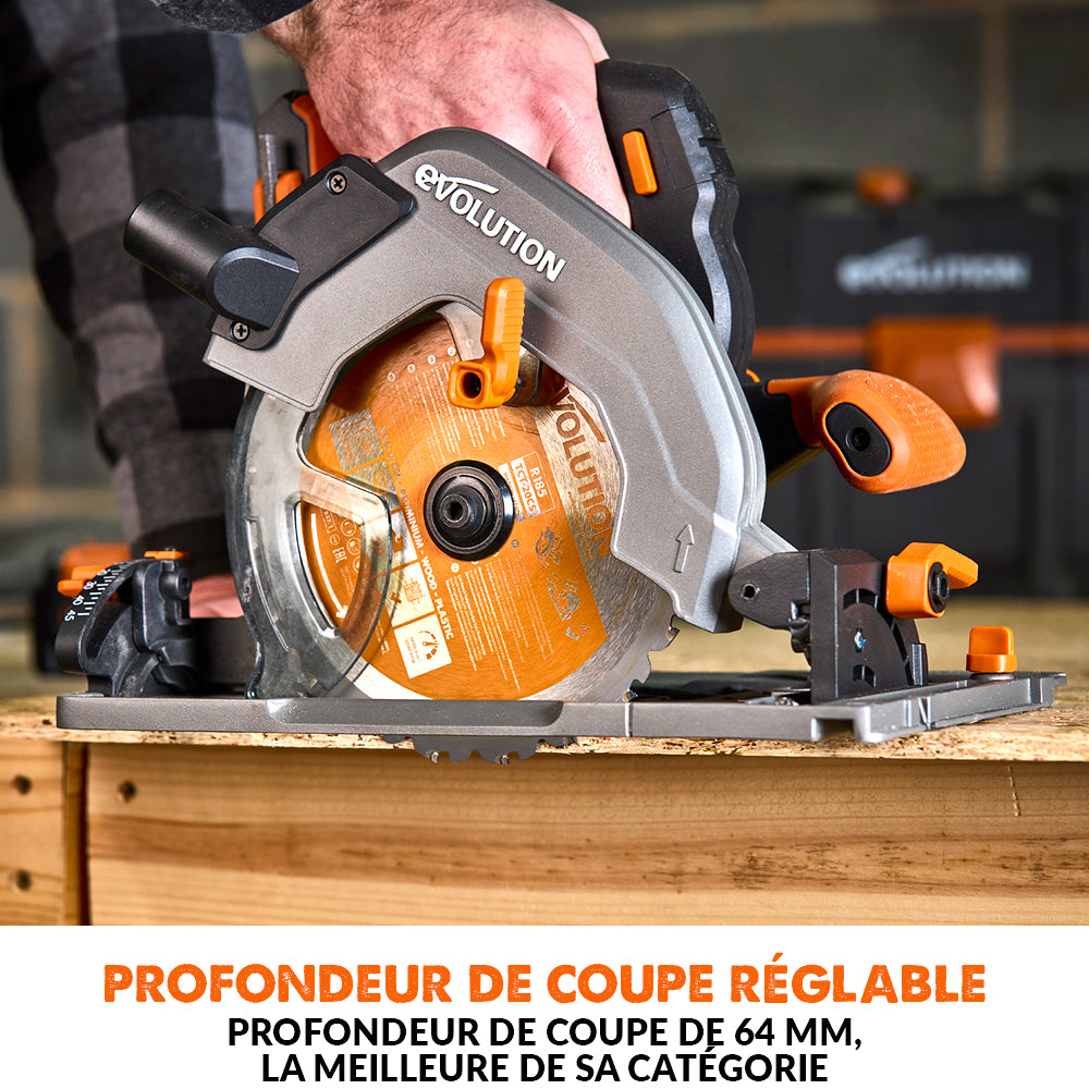 Pack Evolution : Scie circulaire sans fil 185mm Evolution R185CCSX-Li avec batterie 4Ah et chargeur + guide de coupe 2.8m ST2800-G2
