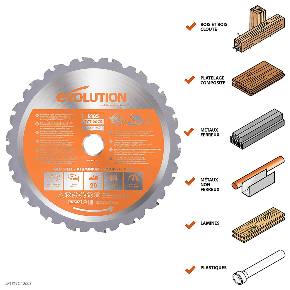 Lame multi-matériaux TCT 185mm 20 dents alésage 20mm Evolution pour scie à onglet