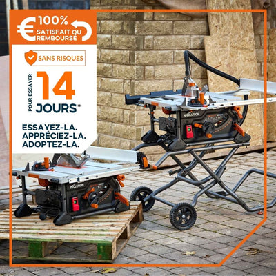 Scie sur table Evolution R255TBL+ 255mm 1800W avec lame multi-matériaux TCT+ Support roulant pliable