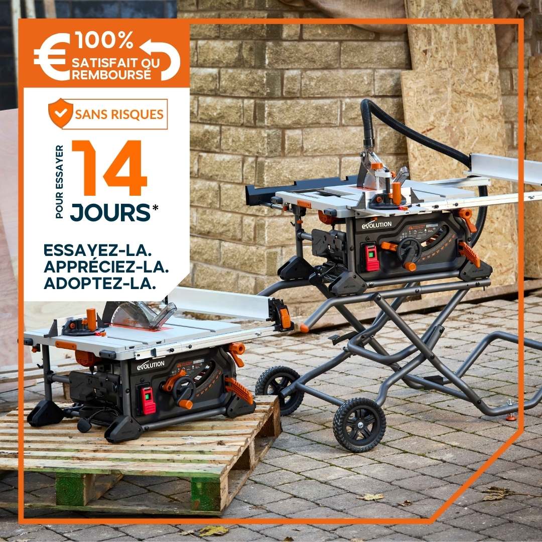 Scie sur table Evolution R255TBL+ 255mm 1800W avec lame multi-matériaux TCT+ Support roulant pliable