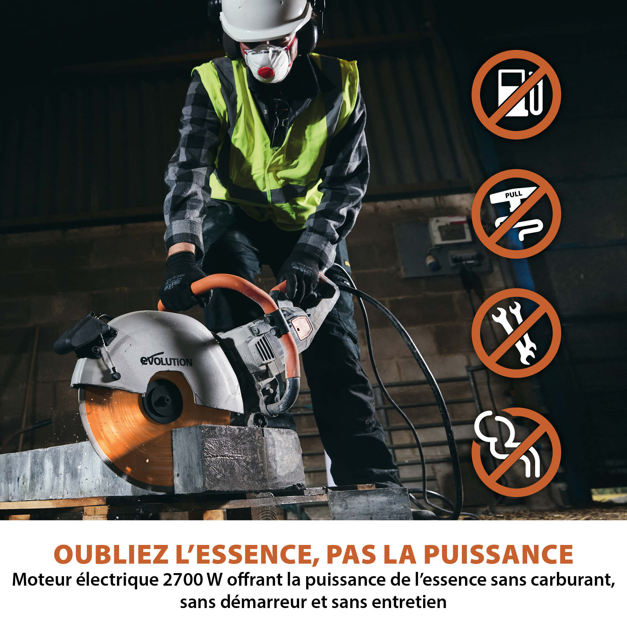 Scie à béton électrique 350mm Evolution R350DCT avec système anti-poussière et lame diamant premium