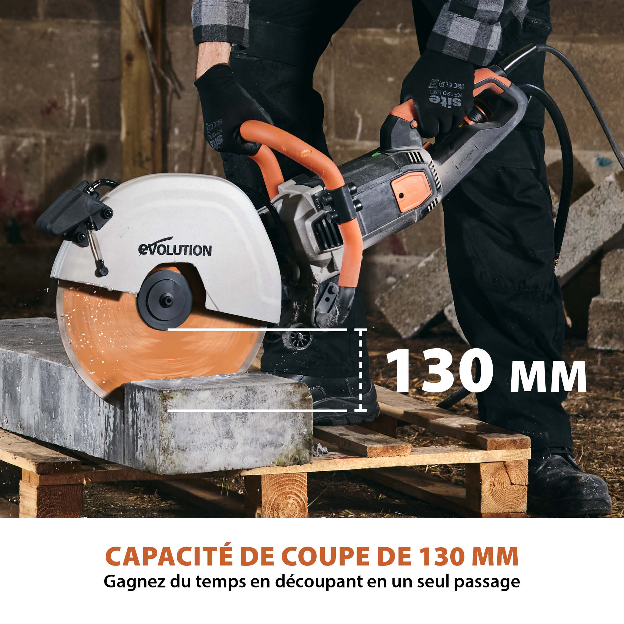 Scie à béton électrique 350mm Evolution R350DCT avec système anti-poussière et lame diamant premium