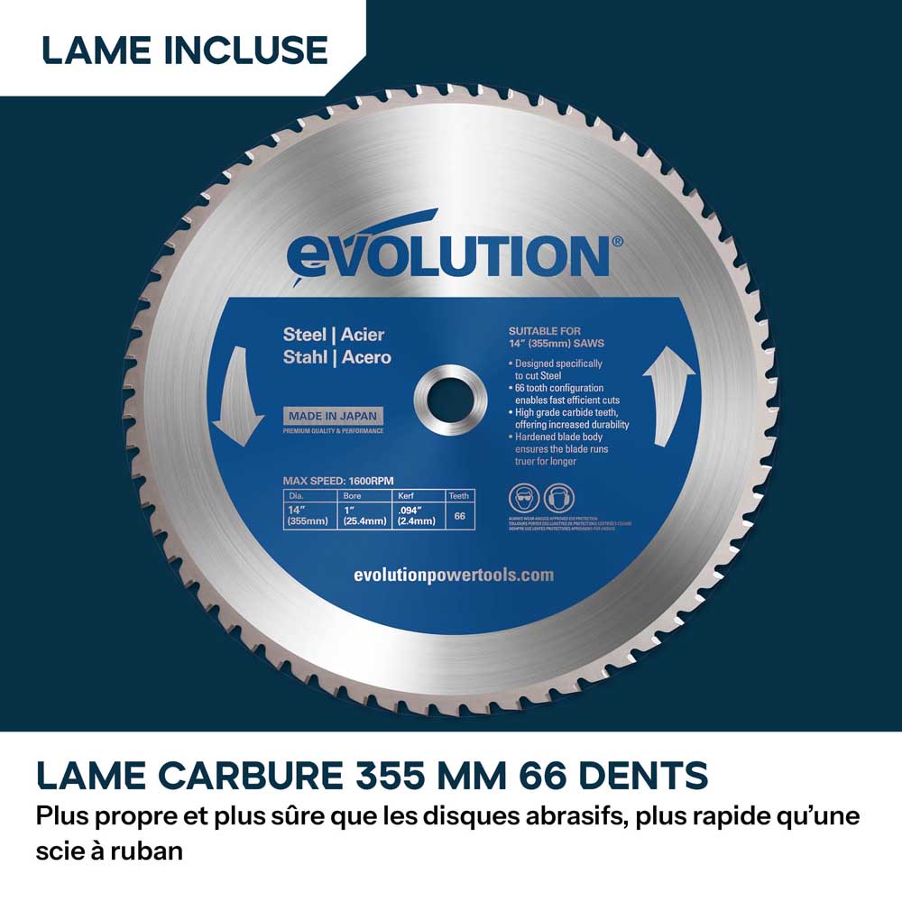 Pack Evolution : Scie à tronçonner 355mm Evolution S355CPSL pour la découpe du métal + Support