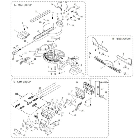 Evolution R255SMS-DB Scie à onglet radiale - Pièces détachées (Col, rails, base)