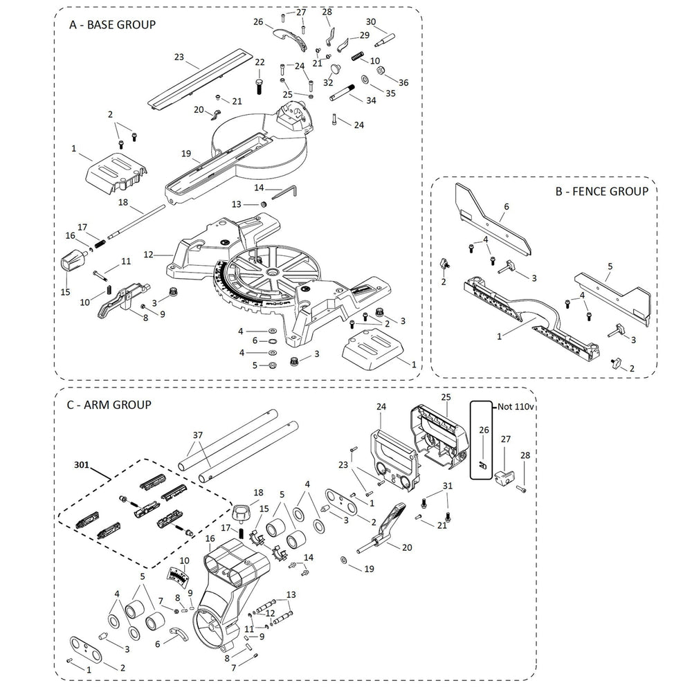 Evolution R255SMS-DB+ Scie à onglet radiale - Pièces détachées (Col, rails et base)