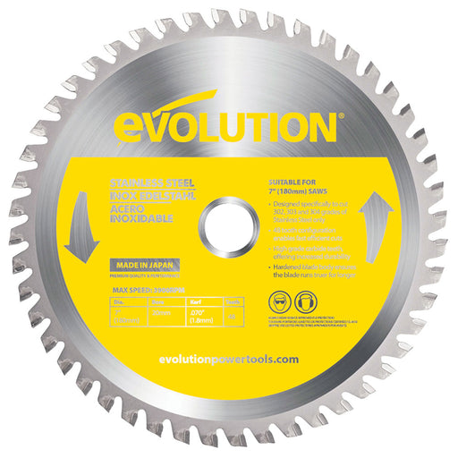 Lame acier inoxydable Evolution de 180mm, 48 Dents, Alésage de 20 mm de carbure de tungstène (convient aux Scies Circulaires & Scies À Tronçonner)