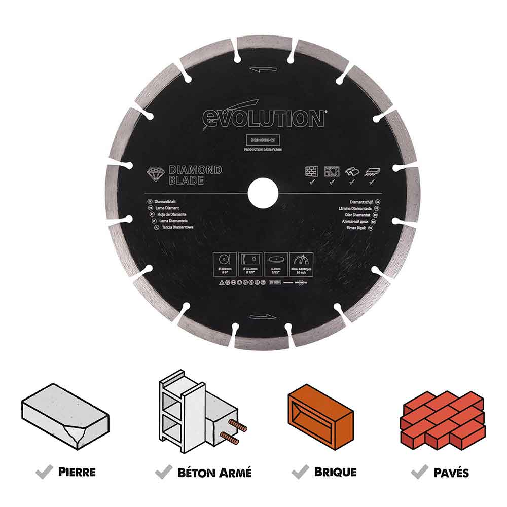 Disque diamant segmenté 230mm alésage 22,2mm Evolution pour scie à béton
