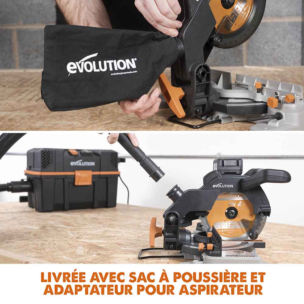 Scie à onglet mixte sans fil 185mm Evolution R185CMS-Li avec Lame multi-matériaux TCT sans batterie ni chargeur