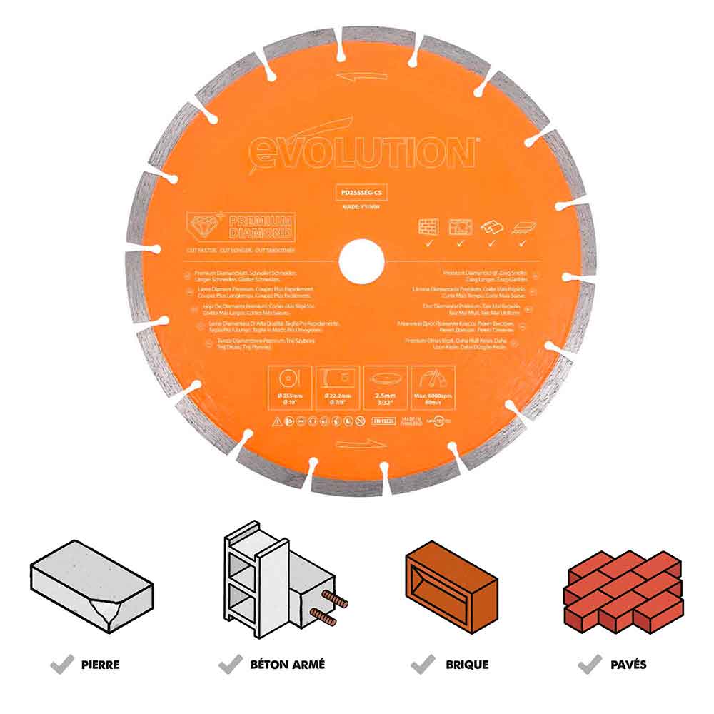 Disque diamant premium segmenté 255mm alésage 22,2mm Evolution pour scie à béton