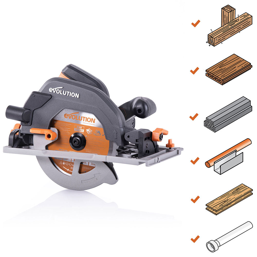 Scie circulaire 185mm Evolution R185CCSX avec lame multi-matériaux TCT et guide de 1,02m