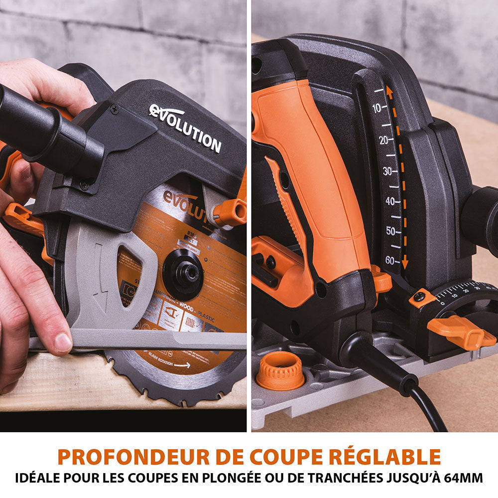 Scie circulaire 185mm Evolution R185CCSX+ avec lame multi-matériaux TCT et sac de transport