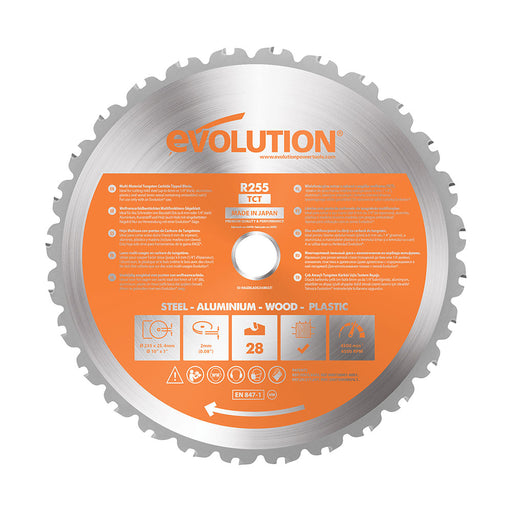 Lame multi-matériaux  255mm TCT 28 dents alésage 25,4mm Evolution pour scie à onglet et scie sur table